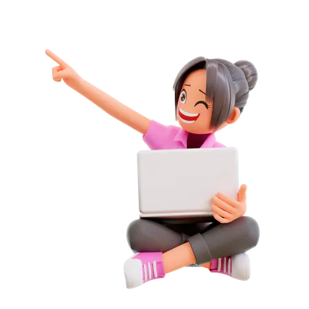 Girl hold laptop and pointing up  3D Illustration