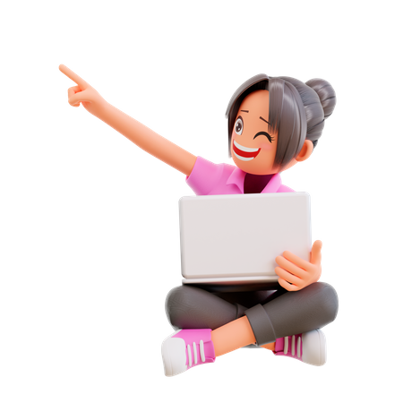 Girl hold laptop and pointing up 3D Illustration