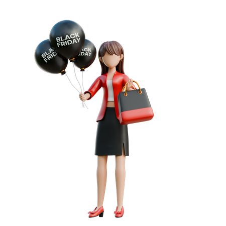 Girl Holding A Black Friday Balloon  3D Illustration