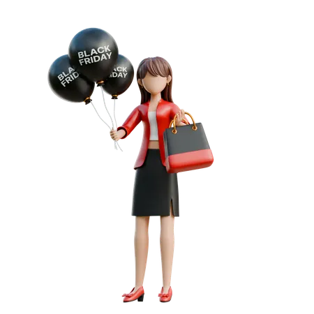 Girl Holding A Black Friday Balloon  3D Illustration