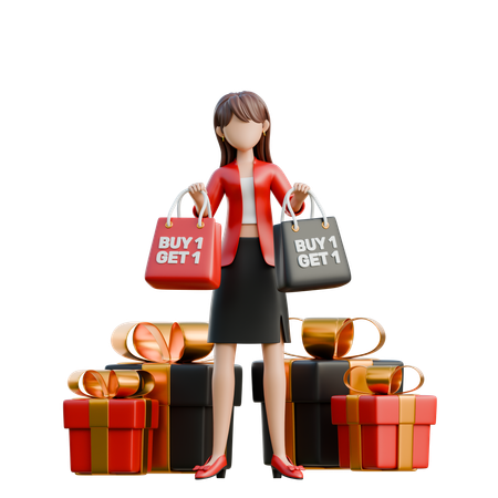 Girl Holding A Buy 1 Get 1 Sign  3D Illustration