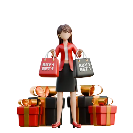 Girl Holding A Buy 1 Get 1 Sign  3D Illustration