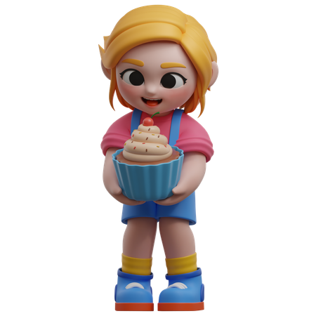 Girl Holding A Cupcake  3D Illustration