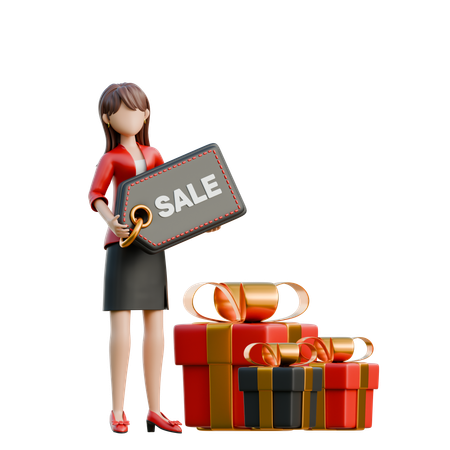 Girl Holding A Discount Tag Next To A Big Gift Box  3D Illustration