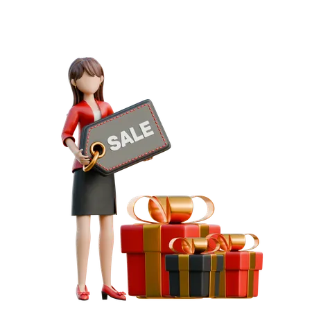 Girl Holding A Discount Tag Next To A Big Gift Box  3D Illustration
