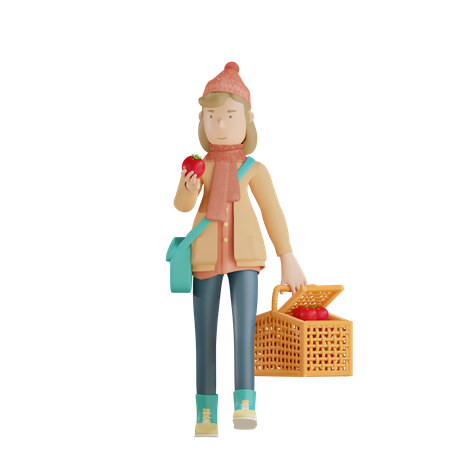 Girl Holding Apple and Grocery Basket  3D Illustration