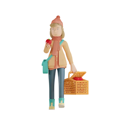 Girl Holding Apple and Grocery Basket  3D Illustration