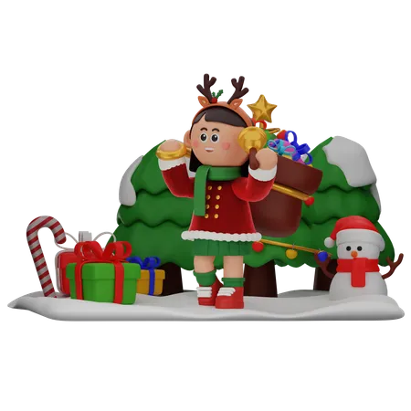 Girl Holding Bell With Sack Of Gifts  3D Illustration