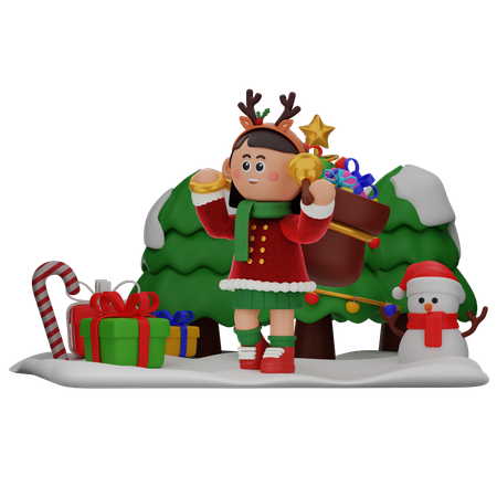 Girl Holding Bell With Sack Of Gifts  3D Illustration