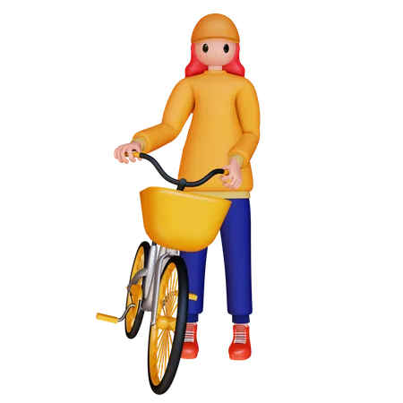 Girl holding bicycle  3D Illustration