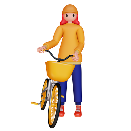 Girl holding bicycle 3D Illustration