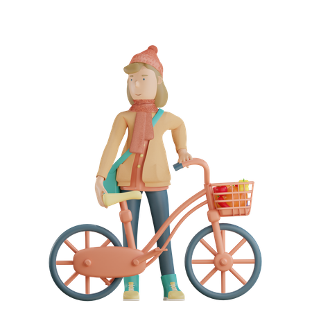 Girl Holding Bicycle  3D Illustration