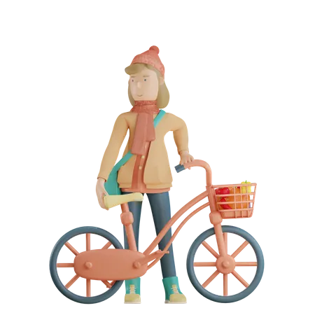 Girl Holding Bicycle 3D Illustration