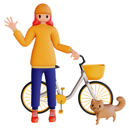 Girl holding bicycle with pet and say hello  3D Icon