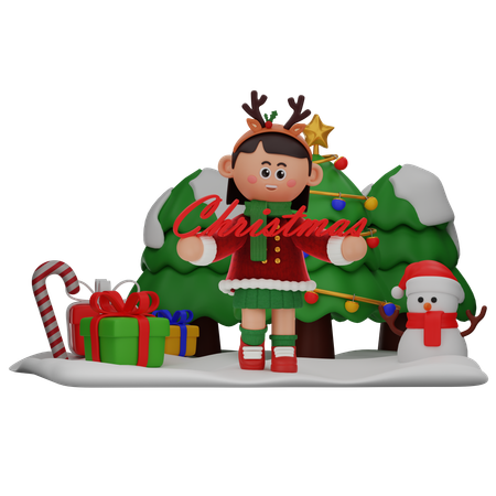 Girl Holding Big Christmas Text  3D Illustration