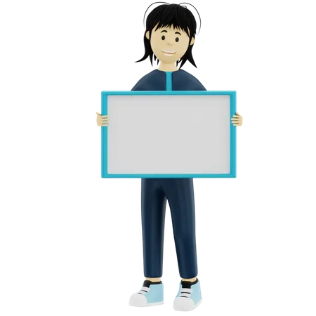 Girl holding blank board 3D Illustration
