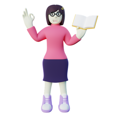 Girl Holding Book and Giving Approved Sign  3D Icon