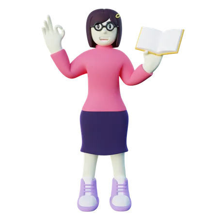 Stylized 3 D Bookworm Girl Holding Book Giving Approved Sign 3D Illustration