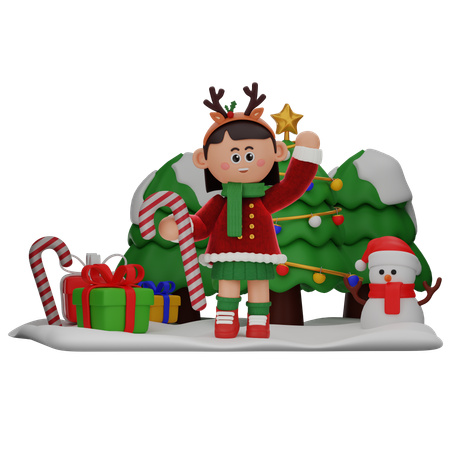 Girl Holding Candy Cane  3D Illustration