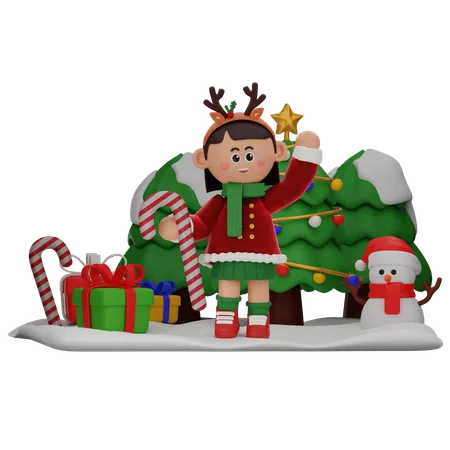 Girl Holding Candy Cane  3D Illustration