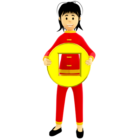 Girl holding Chinese lucky coin  3D Icon