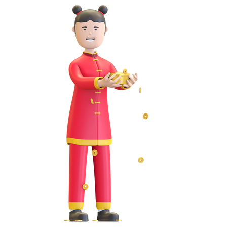 Girl holding Chinese lucky coin  3D Icon