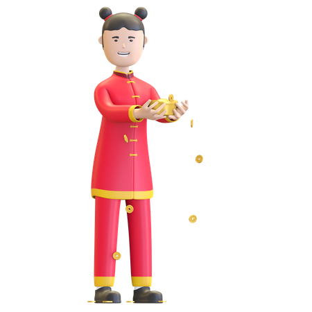 Girl holding Chinese lucky coin 3D Illustration