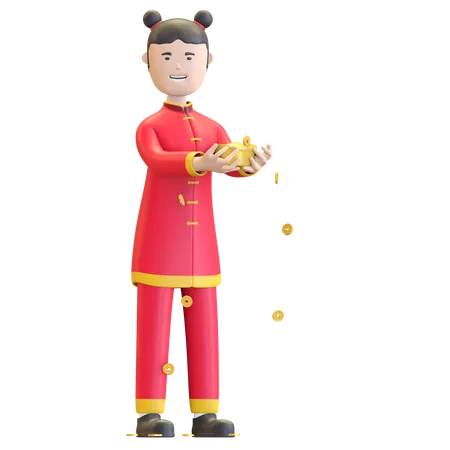 Girl holding Chinese lucky coin  3D Illustration
