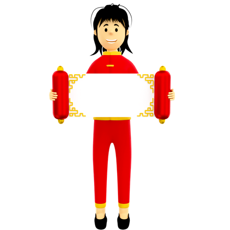 Girl holding Chinese scroll letter  3D Icon