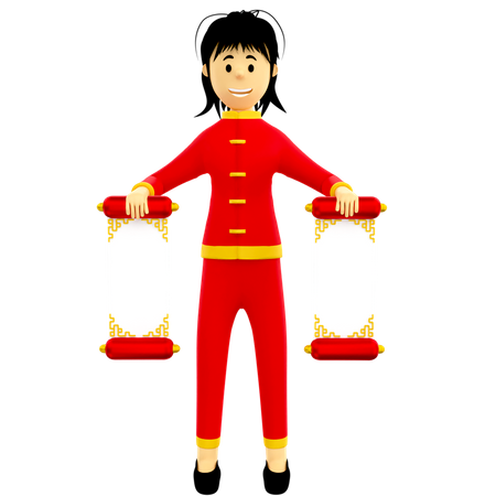 Girl holding Chinese scroll letter  3D Icon