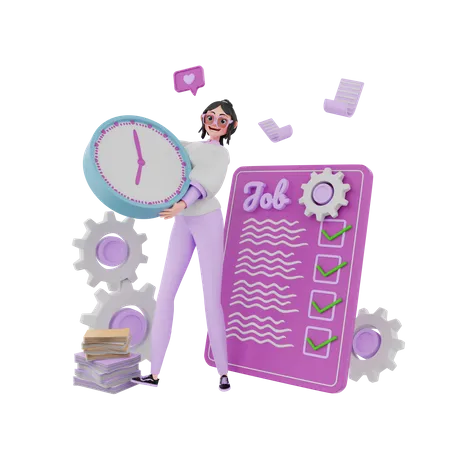 Girl holding  clock and plan list  3D Illustration