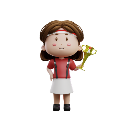 Girl Holding Competition Trophy  3D Illustration