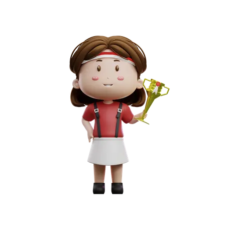 Girl Holding Competition Trophy  3D Illustration