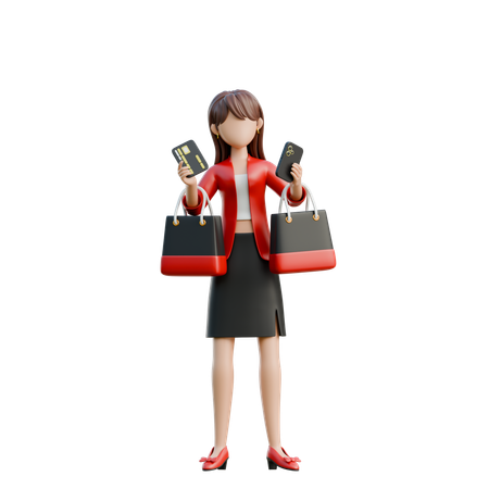 Girl Holding Credit Card And Phone  3D Icon