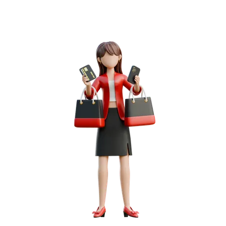 Girl Holding Credit Card And Phone  3D Illustration