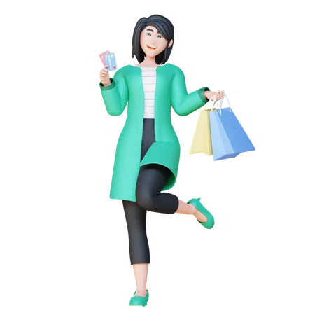 Girl Holding Credit Card And Shopping Bags  3D Illustration