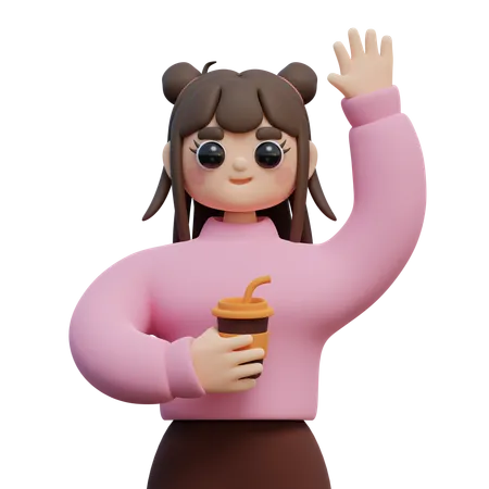Girl Holding Cup Of Coffee And Waves Hand  3D Illustration