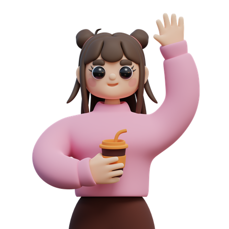 Girl Holding Cup Of Coffee And Waves Hand  3D Icon