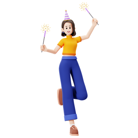 Girl holding firework  3D Illustration