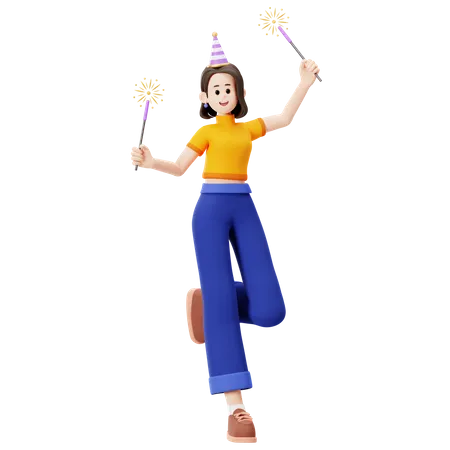 Girl holding firework  3D Illustration
