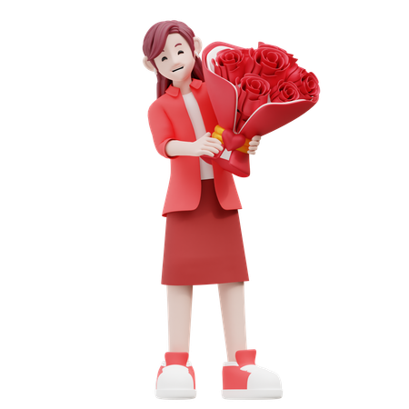 Girl Holding Flower Bouquet  3D Illustration