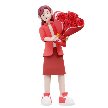 Girl Holding Flower Bouquet  3D Illustration