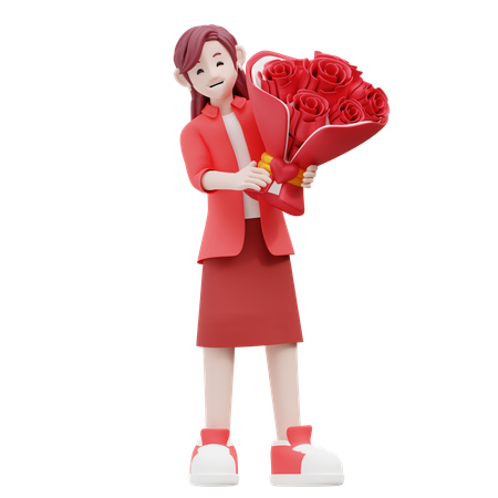 Girl Holding Flower Bouquet  3D Illustration