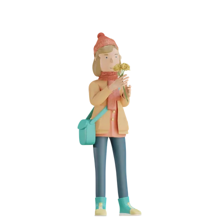 Girl Holding Flowers  3D Illustration