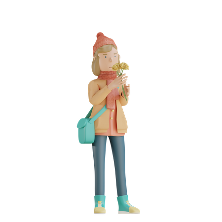 Girl Holding Flowers  3D Illustration