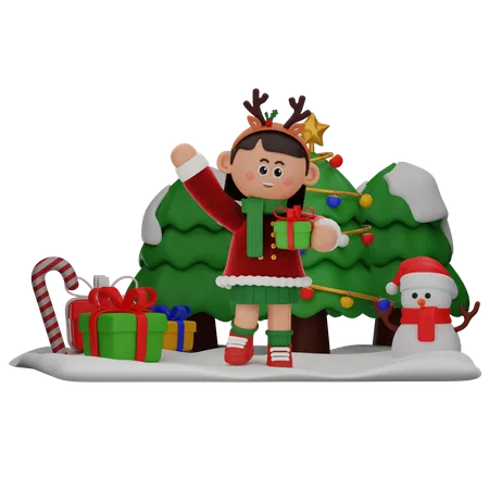 Girl Holding Gift  3D Illustration