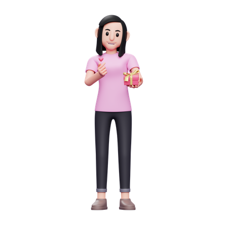 Girl holding gift and showing love sign  3D Illustration