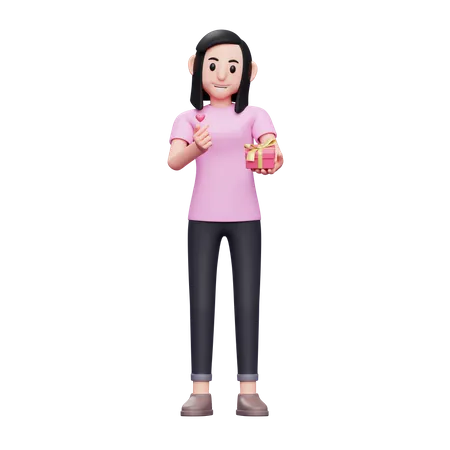 Girl holding gift and showing love sign  3D Illustration