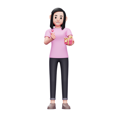 Girl holding gift and showing love sign 3D Illustration