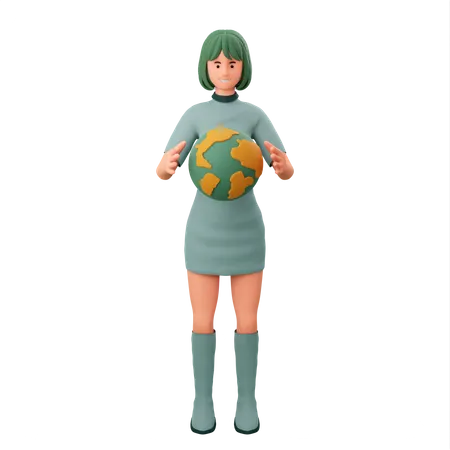 Girl Holding Globe In Her Hand  3D Illustration